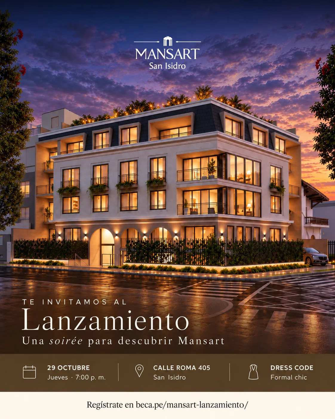 Invitación al lanzamiento de Mansart San Isidro: jueves 29 de octubre, 7:00 p. m., Calle Roma 405. Regístrate.