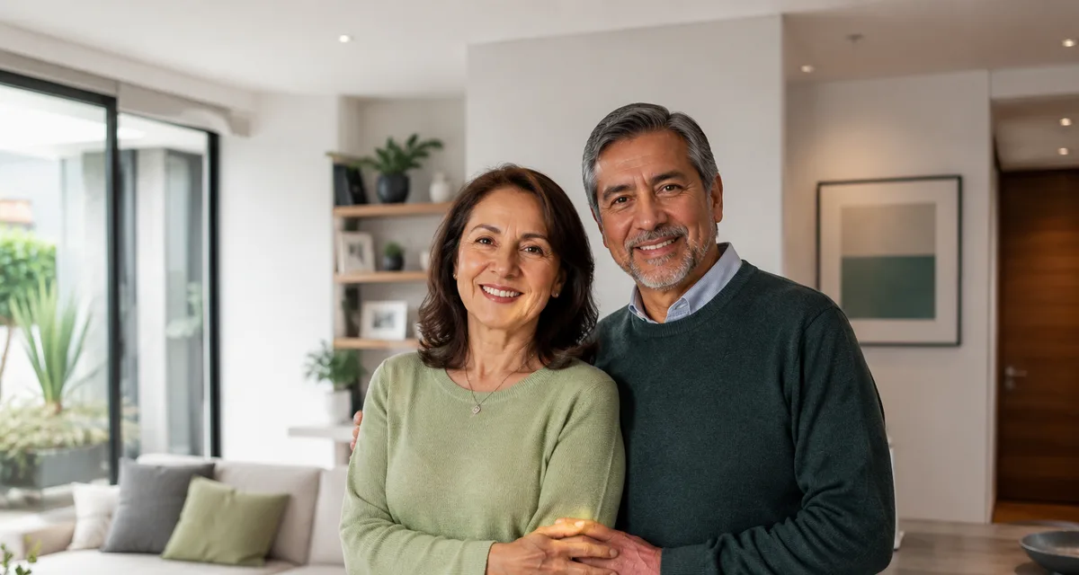 Pareja adulta en la sala de su vivienda