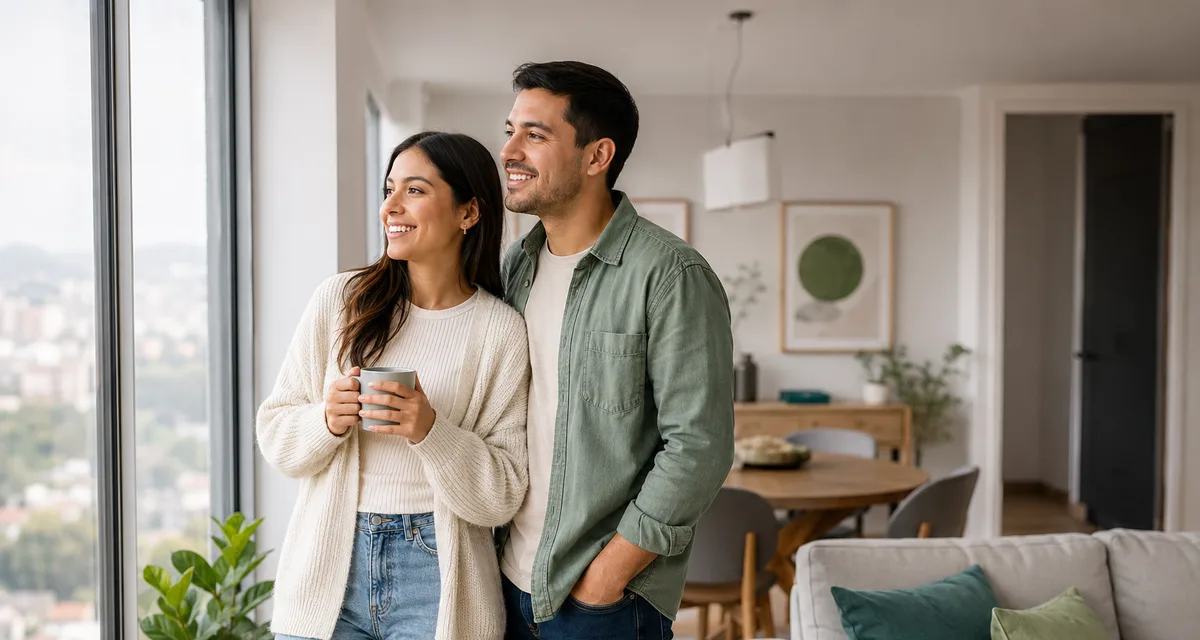 Pareja joven en la sala de su departamento, mirando por el ventanal